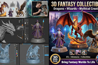 design 3d fantasy figurine, wizard figure, dragon model, mythical creature model