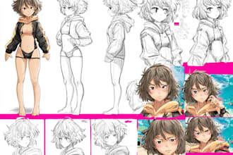 design an anime reference sheet with expressions and turnaround views