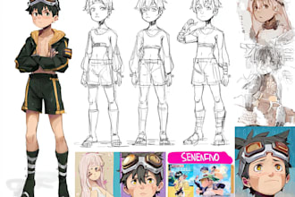 draw an anime oc character sheet with detailed reference poses