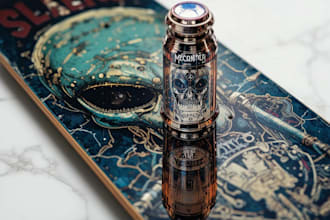 create artwork vintage, skull, alien, for skateboard deck
