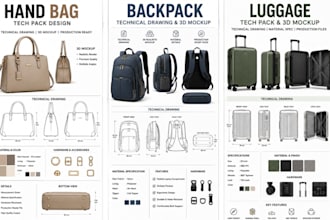 do professional bag design handbag backpack luggage wallet and make a tech pack