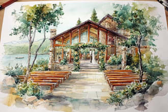 draw watercolor wedding venue, house, landscape