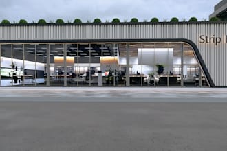 refine strip mall exterior,coffee shop,office space, urban greenery,glass facade