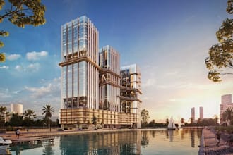 futuristic architectural building,luxury twin tower,penthouse interior rendering