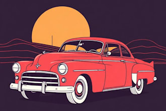 line art car illustration or any vehicle in retro vintage style