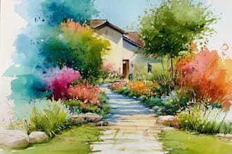 paint watercolor landscape with mountains, sea, yachts, houses