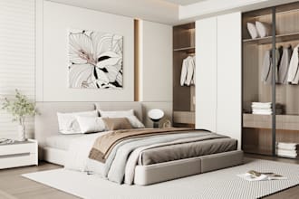 do 3d interior design for dining, bedroom, living room