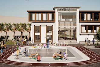 remodel school exterior, university campus, outdoor playground render,class room