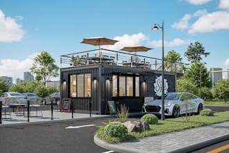 highend 3d outdoor shipping container,rooftop seating design,cafe kitchen render
