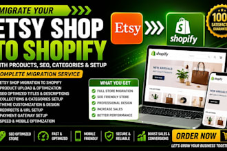 migrate your etsy shop to shopify store with products SEO categories and setup