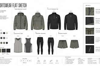 create 3d sportswear, hoodie, pants, fashion apparel techpack with flat sketches