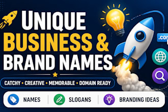 create unique and catchy business name, brand name, slogan and domain ideas