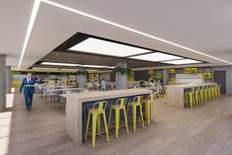 redesign corporate cafeteria,restaurant layout plan, hospitality interior render