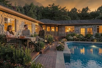 design a luxury backyard and pool landscape with realistic 3d rendering
