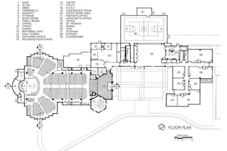 design expert church floor plan with interior and exterior sacred space layout