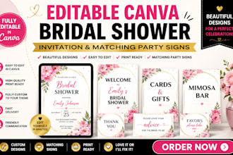 design editable canva bridal shower invitation and matching party signs
