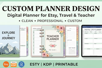design a custom etsy digital planner, travel planner, or KDP teacher planner