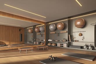 convert 2d sketch to 3d visual training room,functional layout,yoga studio space