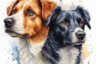 custom pet portrait, two pet portrait, watercolor portrait