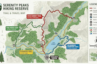create a professional hiking map, travel map, trail map for vector illustration