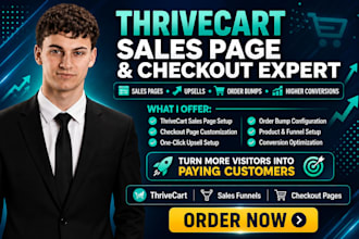 setup thrivecart sales pages, checkout customization, upsells, and order bumps