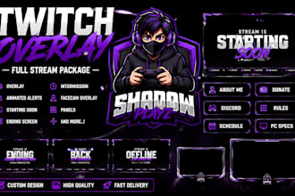 design animated twitch overlay, twitch logo, stream package, vtuber overlay