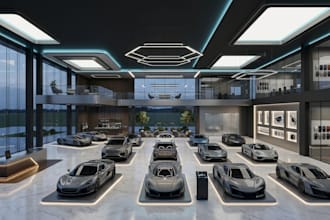 design and 3d render car showroom and waiting area, parking stall, 3d car park