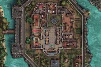 design custom fantasy, rpg map, dnd with town, dungeon , battle map