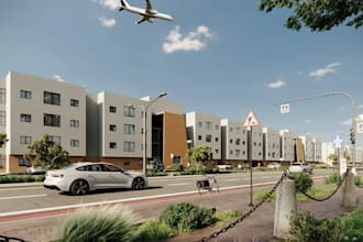 showcase 3d department complex rendering, exterior render, building street view