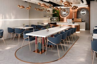 render 3d cafe interior design,restaurant 3d architecture visualization, 2d plan