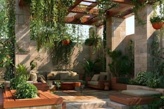 design landscape, terrace, backyard, pool, and patio