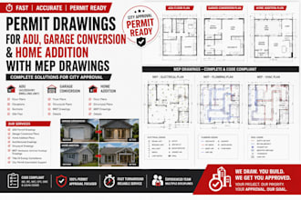 create permit drawings for adu garage conversion and home addition mep drawing