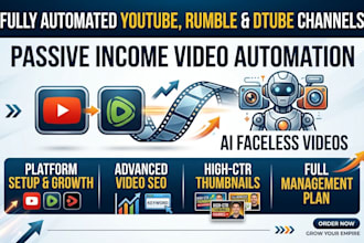 build automated youtube channels, rumble seo, ai faceless videos, dtube growth