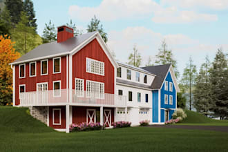 ritualize modern farmhouse exterior, eclectic building design, asphalt driveway