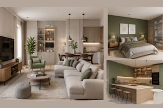 design ikea apartment interior, kitchen, bedroom with realistic 3d render