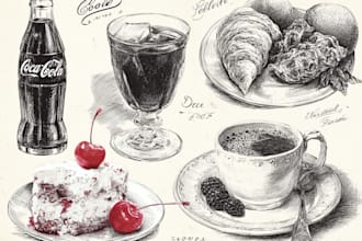 draw foods and beverages vintage sketch illustration