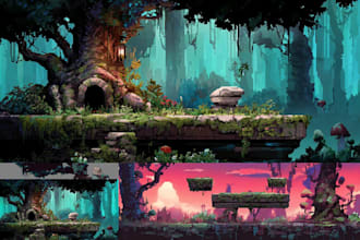 draw 2d game environment and parallax platformer background level concept