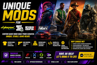 develop custom mods for cyberpunk 2077, gta 5, sims 4,skyrim rdr2, and fallout 4