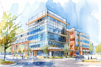 sketch architecture building with watercolor rendering