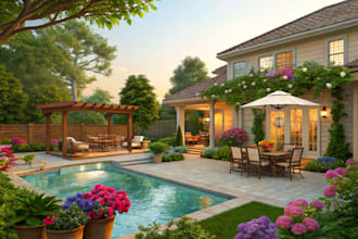 design landscape, terrace, backyard, pool, and patio