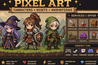 custom 2d pixel art pixel characters sprites sheet game assets pixel avatar