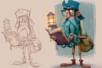 sketch, outline and color cartoon illustrations