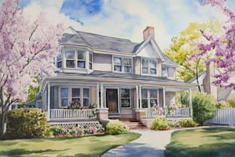 paint digital watercolor house, home building portrait
