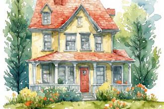 draw a watercolor landscape and house illustration