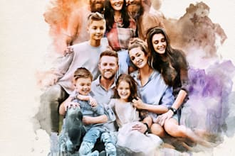 draw watercolor family portrait painting from combine photo