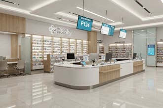 create modern 3d pharmacy interior design and medical store layout