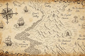 draw fantasy map illustration in vintage storybook style