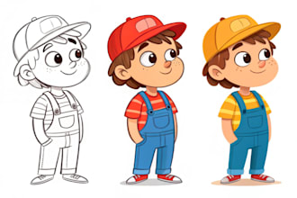 sketch, outline and color cartoon illustrations