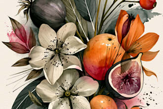 create botanical illustration of flowers, plants, and fruits