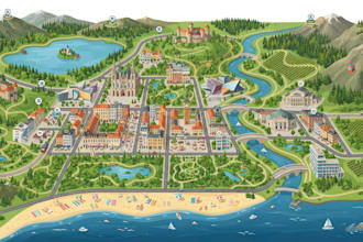create tourism brochure map, visitor guide map and travel illustration